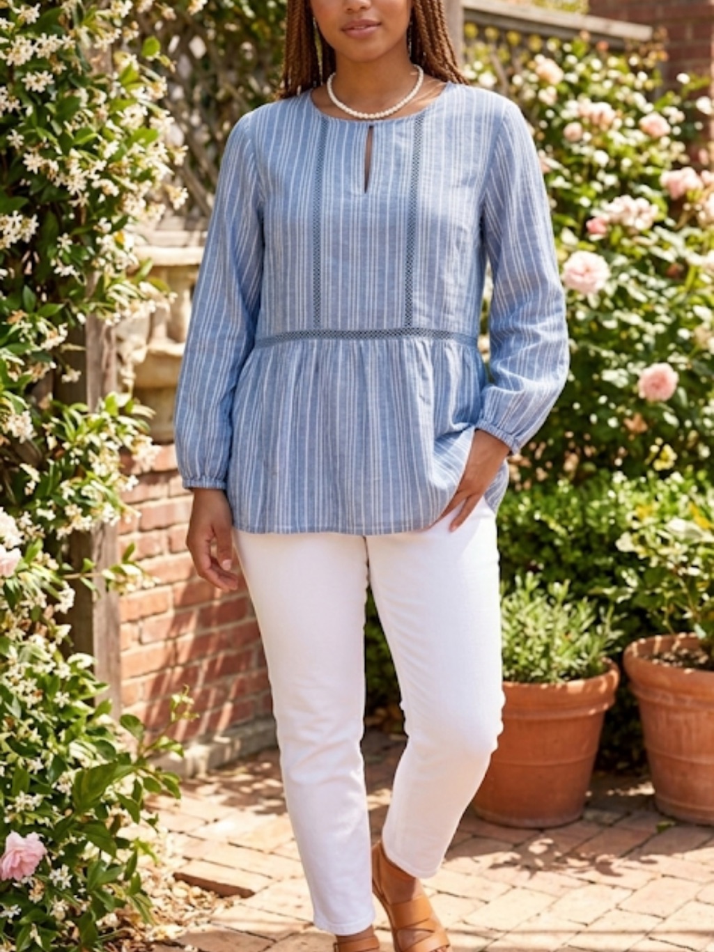Fever Blue White Striped Lightweight Top Size L